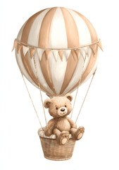 Cute watercolor teddy bear sitting in a hot air balloon, perfect for nursery decor, baby shower invitations, children’s posters, or playful greeting cards.
