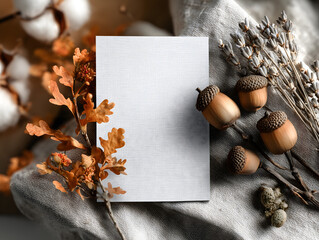 Blank card with acorns, dried leaves, cotton, and rustic fabric, perfect for autumn wedding invitations, seasonal greeting cards, or cozy stationery mockups.
