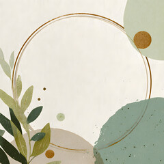 Abstract botanical frame with green leaves, watercolor shapes, and golden circle, perfect for invitations, greeting cards, posters, or modern stationery designs.
