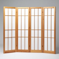 Four-panel room divider; light wood frame, off-white paper inserts, simple grid pattern, hinges visible