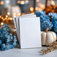 Blank cards with pumpkins, blue flowers, and warm fairy lights, perfect for autumn wedding invitations, seasonal greeting cards, or festive stationery mockups.
