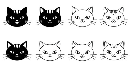 Adorable cartoon cat faces in black and white, a playful collection for graphic design