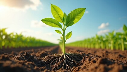 Healthy rapeseed plant with strong visible roots growing in rich brown soil. Green leaves reach towards a blue sky with clouds. Focus on agricultural growth, vitality, and organic farming.