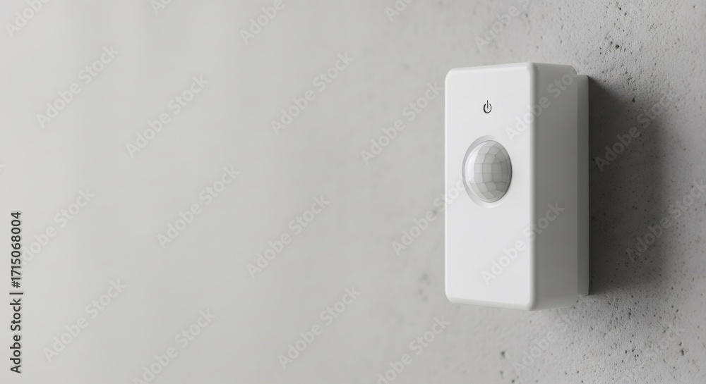 Poster white motion sensor mounted on gray wall. smart home security system. wireless detection technology 