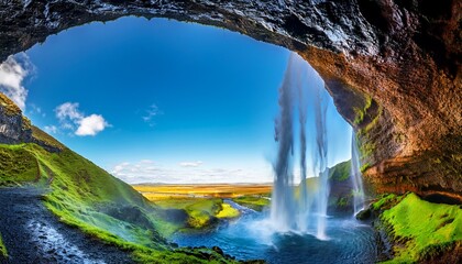 Unique Perspective Of A Waterfall Cascading Through A Rocky Cave In Iceland Under A Clear Blue Sky