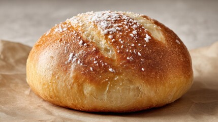 A round piece of sweet bread sits on a sheet of parchment paper, perfectly baked with a golden crust and a sprinkle of powdered sugar on top. The setting suggests a cozy bakery ambiance.
