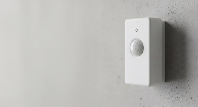 White motion sensor mounted on gray wall. Smart home security system. Wireless detection technology for modern house automation.
