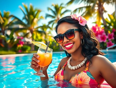 Smiling woman in tropical swimsuit enjoying cocktail by poolside vacation resort