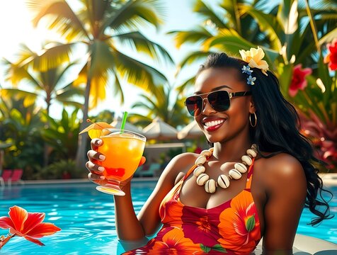 Happy young African American woman drinking cocktail in tropical pool