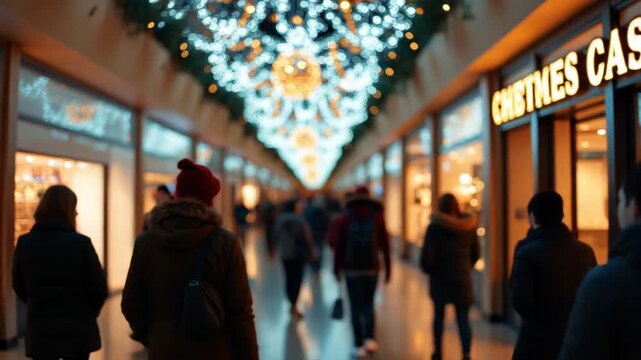 Customers in shopping centre with Christmas lights and decoration