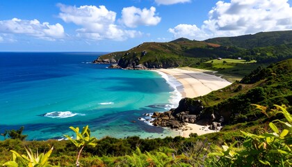 Panoramic view of a pristine beach with turquoise water and lush greenery
