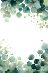 Watercolor eucalyptus leaves frame on white background, perfect for wedding invitations, greeting cards, posters, or elegant botanical stationery designs.
