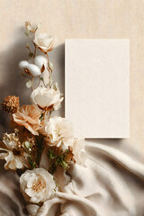 Elegant blank card with beige roses and cotton flowers on soft fabric background, ideal for wedding invitations, greeting cards, or luxury stationery mockups.
