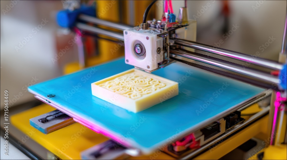 Aufkleber Focused medium shot of a completed 3D printed component resting on a tray with the printer and tools softly out of focus behind.