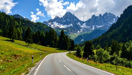 Naklejka premium Winding road through lush valley, mountains in background