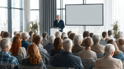 Obraz premium Formal event with a speaker presenting to an audience in a modern conference room, overlooking a cityscape with natural light filtering through large windows.