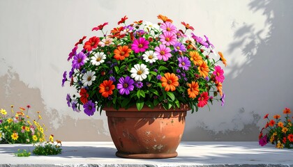 Vibrant flower pot bursting with colorful blossoms