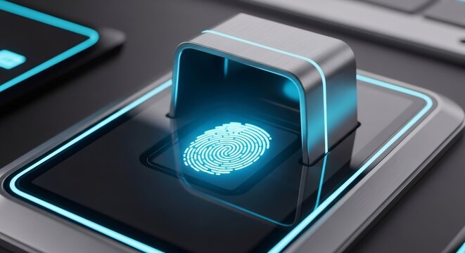 Biometric fingerprint scanner glowing blue. Digital security system for person identification. Access control and data protection concept. - Powered by Adobe