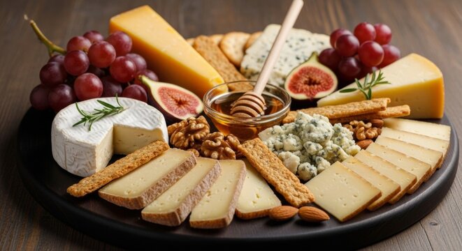Artisanal cheese board with grapes and honey