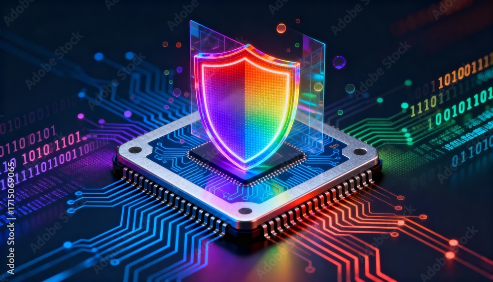 Poster high-tech shield symbol in neon rainbow colors, integrated into processor chip, digital security vis