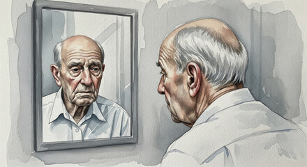 Elderly man gazes at his reflection in a mirror capturing moments of contemplation and introspection
