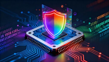 High-tech shield symbol in neon rainbow colors, integrated into processor chip, digital security visualization