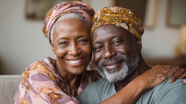 A joyful couple smiles warmly at the camera while embracing each other in their cozy living room. Sunlight fills the space, highlighting their happiness and connection.