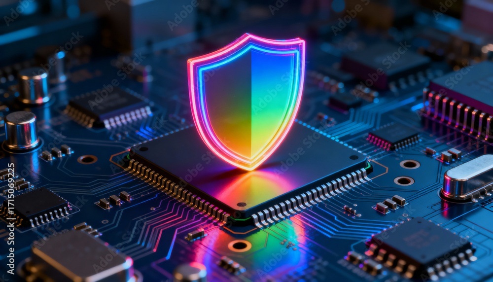 Poster high-tech shield symbol in neon rainbow colors, integrated into processor chip, digital security vis