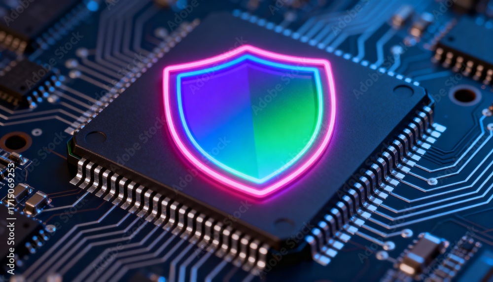 Poster high-tech shield symbol in neon rainbow colors, integrated into processor chip, digital security vis