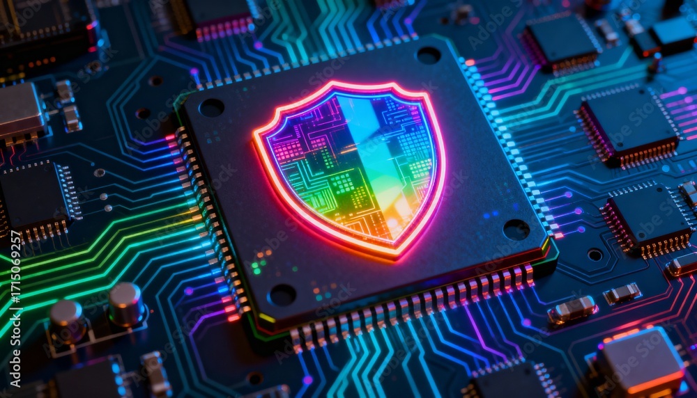 Poster high-tech shield symbol in neon rainbow colors, integrated into processor chip, digital security vis