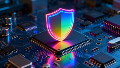 High-tech shield symbol in neon rainbow colors, integrated into processor chip, digital security visualization