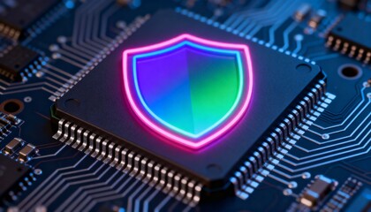 High-tech shield symbol in neon rainbow colors, integrated into processor chip, digital security visualization