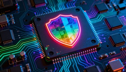 High-tech shield symbol in neon rainbow colors, integrated into processor chip, digital security visualization
