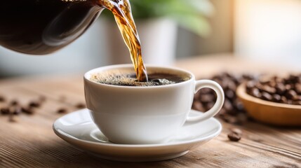 Hot coffee is being poured into a white cup on a rustic wooden table. Roasted coffee beans are placed in a bowl nearby, creating a cozy coffee shop atmosphere in the morning light.