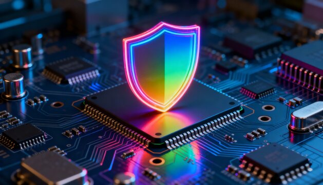 High-tech shield symbol in neon rainbow colors, integrated into processor chip, digital security visualization - Powered by Adobe