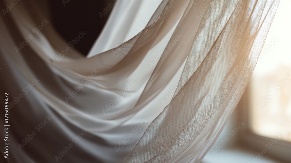 Poster closeup of a flowing sheer curtain billowing softly by an open window capturing light textures and d