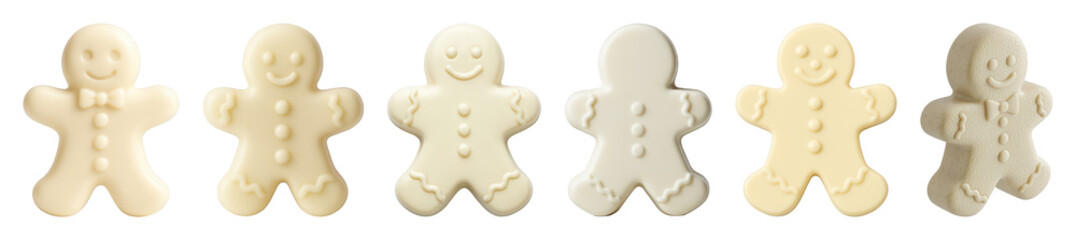 White chocolate gingerbread men set including smiling, bowtie, and textured variations isolated. Festive holiday treats and confectionery.