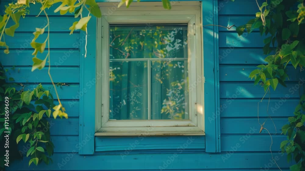 Poster the features a window in the side of a building, showing a view through the glass. a trellis vine is