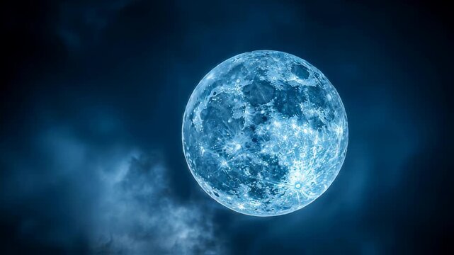 Cinematic Journey Past a Luminous Blue Full Moon Drifting Through Mysterious Night Clouds