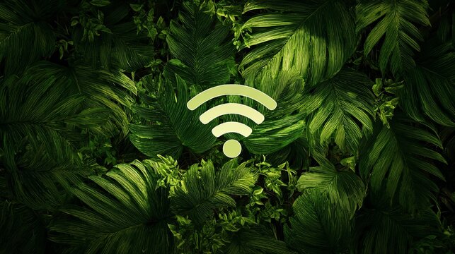 Vibrant green jungle foliage surrounds glowing wifi symbol, representing nature's connection.