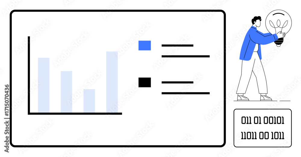Poster person holding lightbulb next to a bar chart and binary codes, signifying analysis and creativity. i