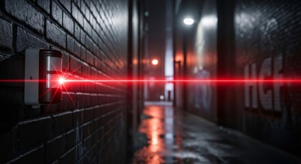 Security system with red laser beam in a dark alley. Motion detector sensor for surveillance and alarm protection. Urban safety concept.