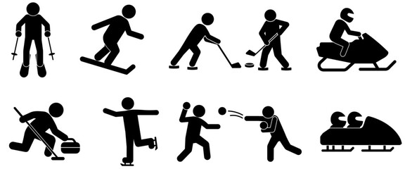 冬のスポーツをする人物たちのシルエットアイコンセットイラスト