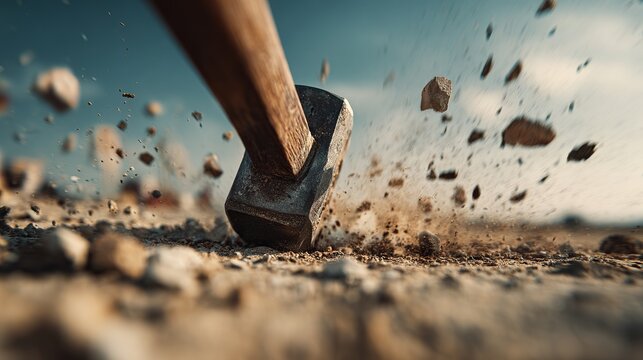 Powerful sledgehammer impact shatters earth sending debris flying in dynamic action shot