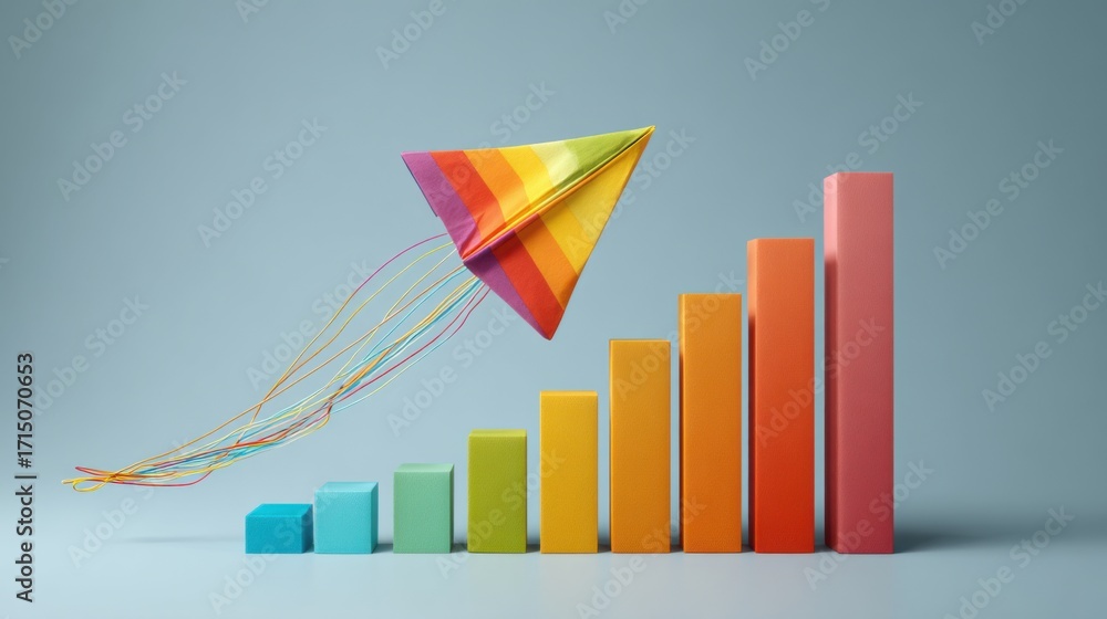 Poster a vibrant paper kite flies above a series of colorful bars that represent growth in various performa