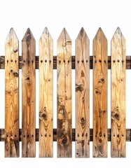 Weathered, light brown wooden picket fence section against a white background, showing vertical planks, horizontal rails, and visible nail heads