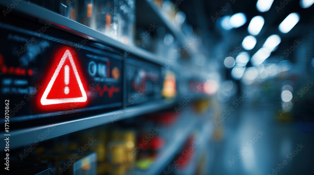 Poster medium shot of a digital security alert displayed on a futuristic control panel with outoffocus shel