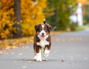 A playful puppy, showcasing autumnal hues, strolls down a paved road.