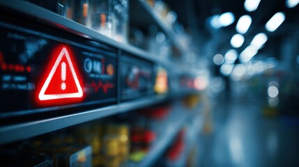 Medium shot of a digital security alert displayed on a futuristic control panel with outoffocus shelves behind emphasizing quick threat response.