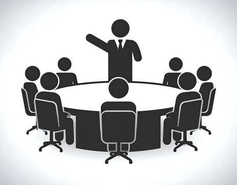 A meeting in progress, depicted by stylized figures around a circular table, with a presenter figure, communicating ideas.
